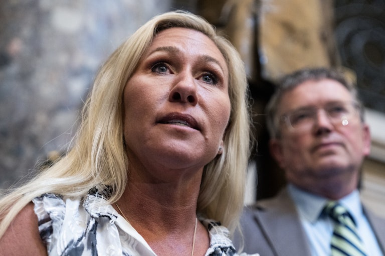 Marjorie Taylor Greene speaking looks off camera