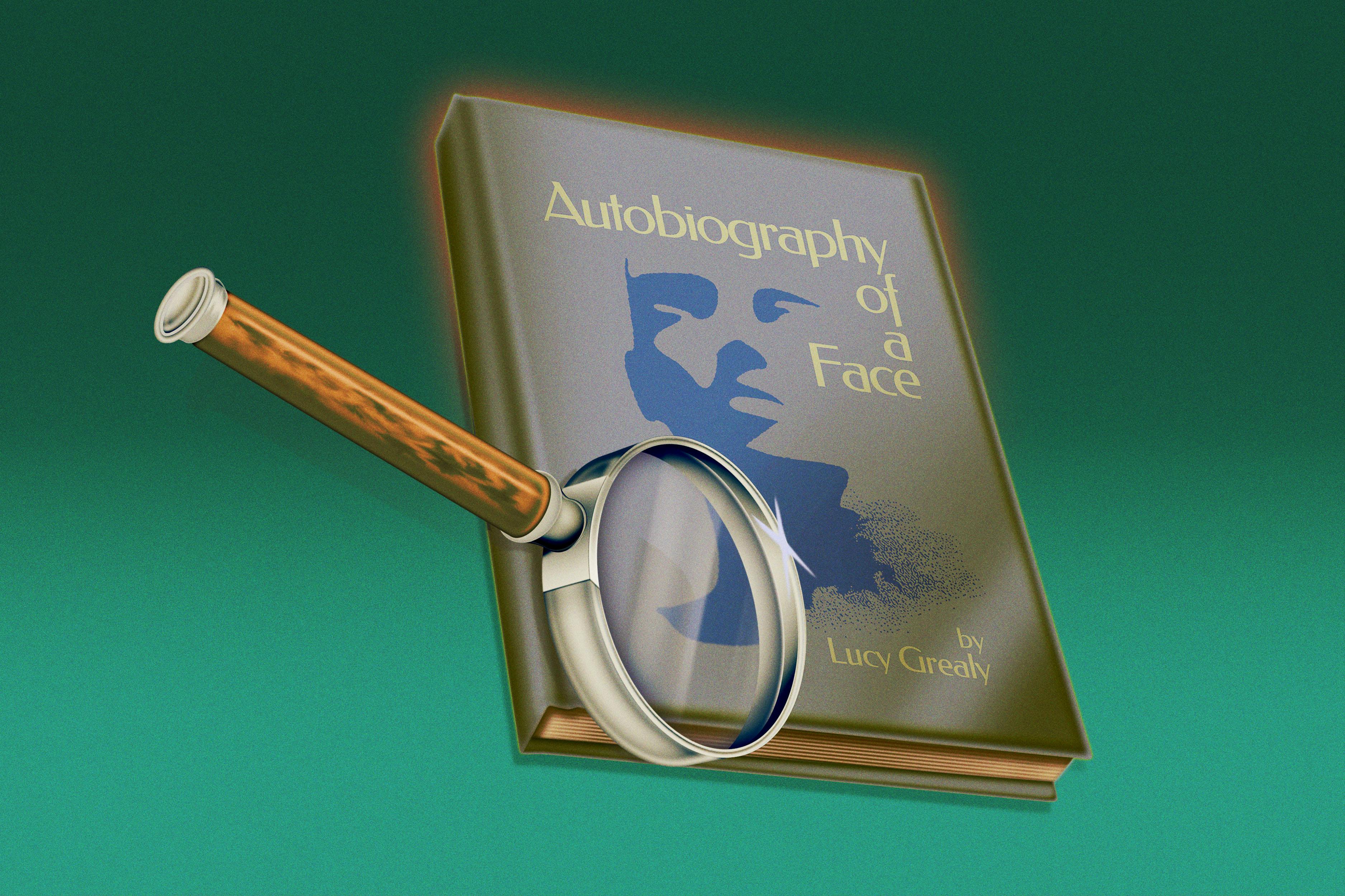 Illustration of the book Autobiography of a Face with a magnifying glass. 