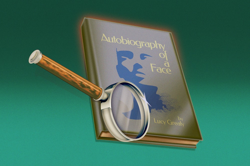 Illustration of the book Autobiography of a Face with a magnifying glass.