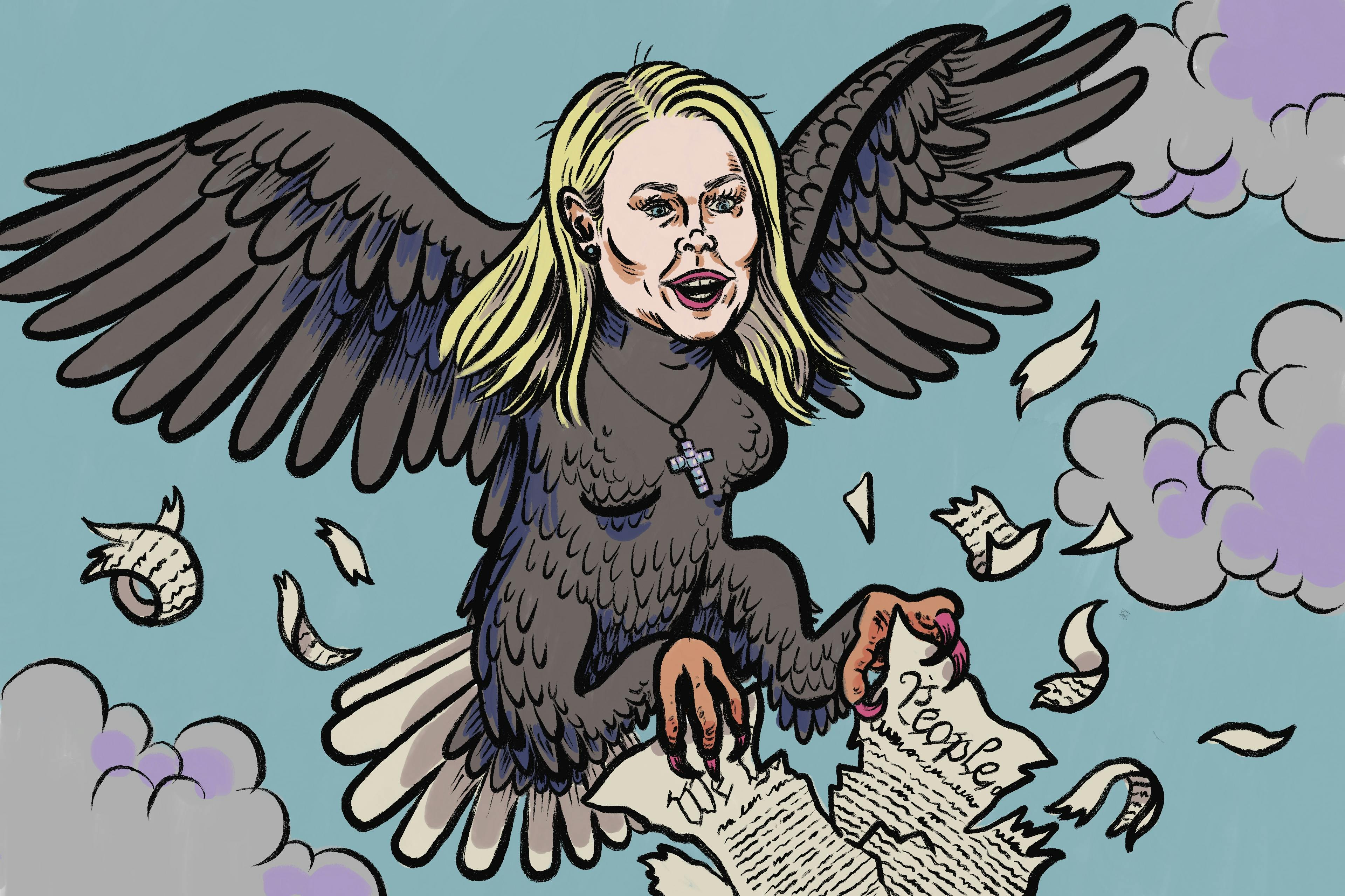 Illustration of Karoline Leavitt depicted as a harpy