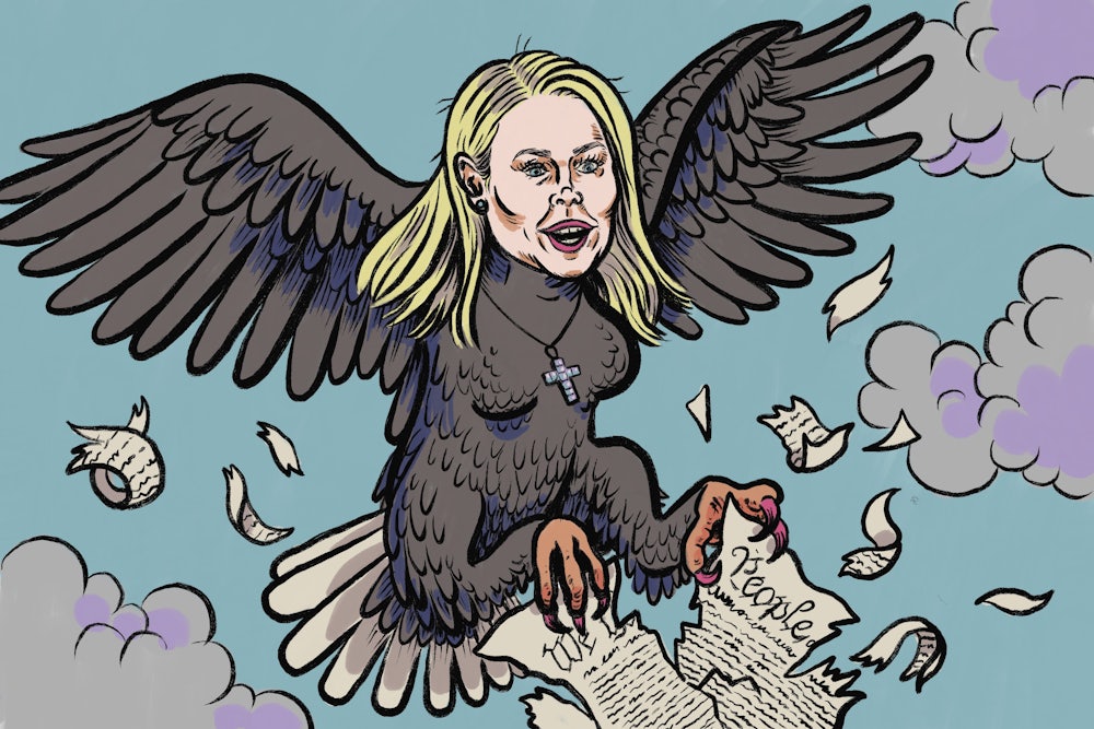 Illustration of Karoline Leavitt depicted as a harpy
