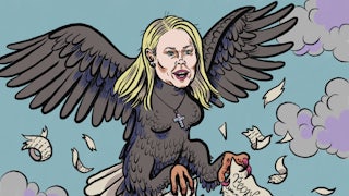 Illustration of Karoline Leavitt depicted as a harpy