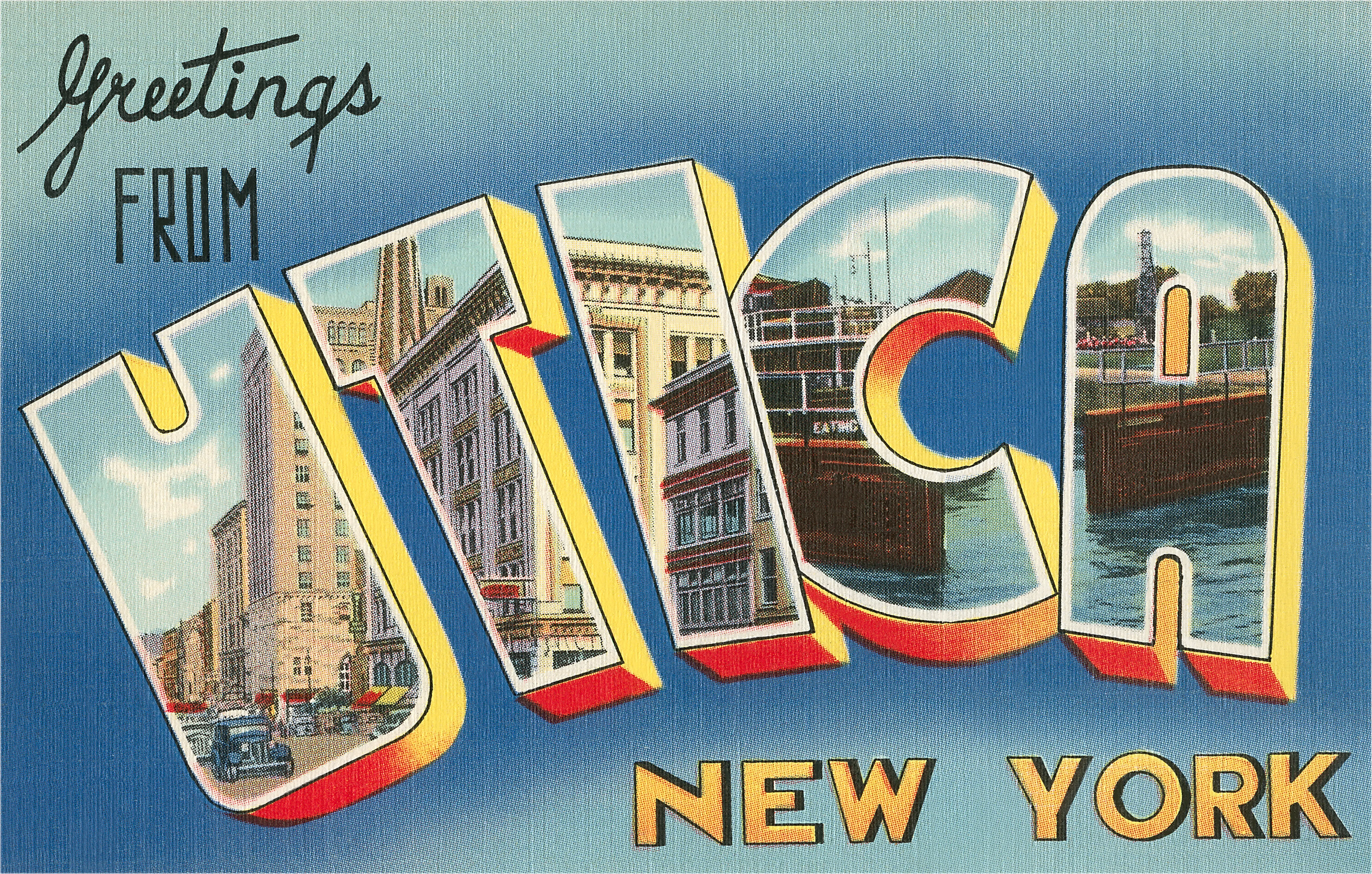 Vintage illustration of Greetings from Utica, New York large letter vintage postcard.