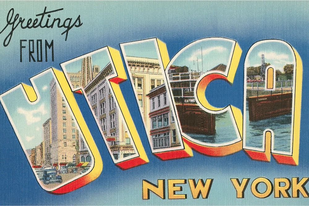 Vintage illustration of Greetings from Utica, New York large letter vintage postcard.