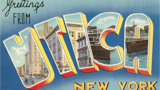 Vintage illustration of Greetings from Utica, New York large letter vintage postcard.