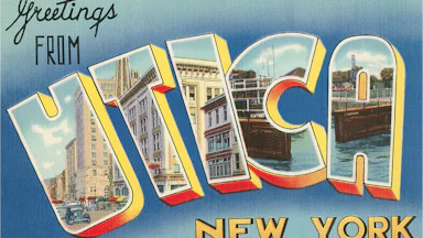 Vintage illustration of Greetings from Utica, New York large letter vintage postcard.