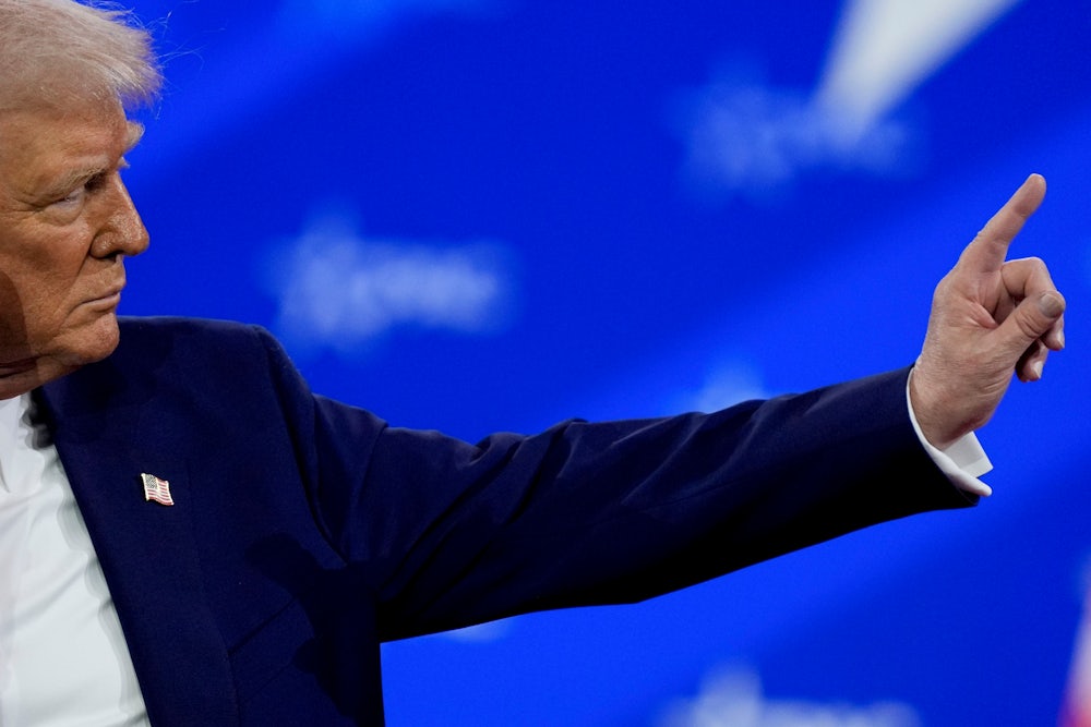 Donald Trump gesticulates during the Conservative Political Action Conference in National Harbor, Maryland.