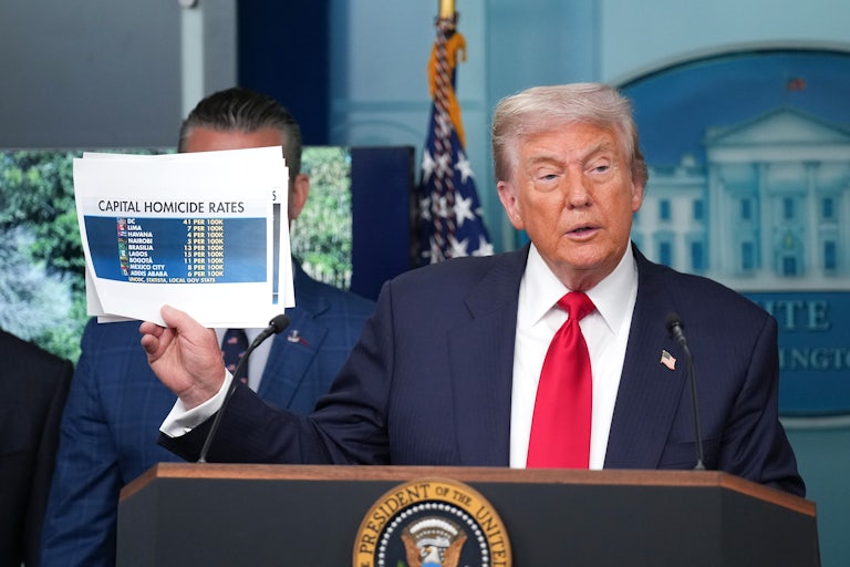 Trump holds up a chart in the White House briefing room