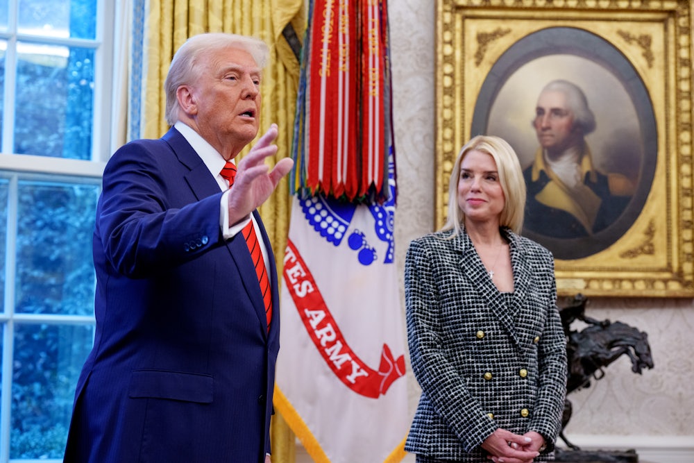 Donald Trump, accompanied by U.S. Attorney General Pam Bondi, speaks to the media in the Oval Office.