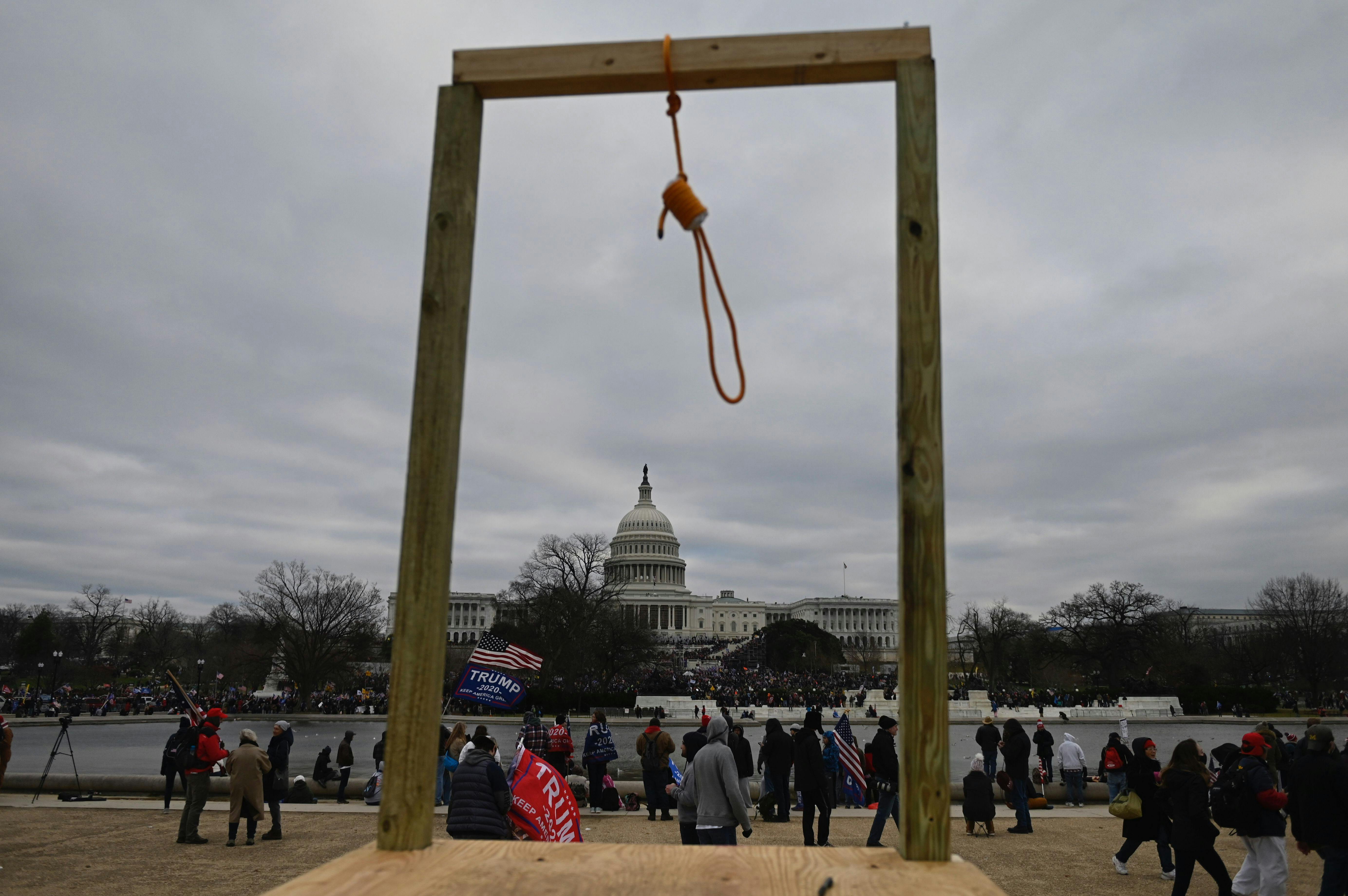 A gallows is assembled outside the U.S. Capitol during the Capitol riots on January 6, 2021.