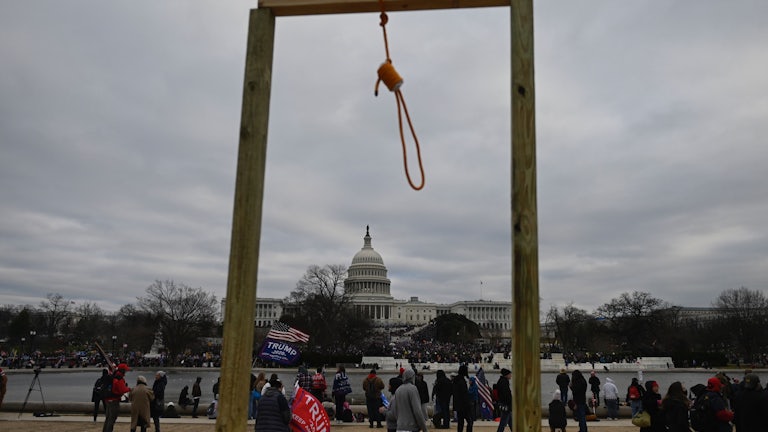 A gallows is assembled outside the U.S. Capitol during the Capitol riots on January 6, 2021.