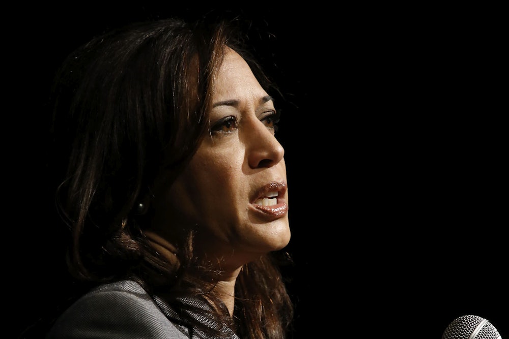 A photo of Kamala Harris against a black background