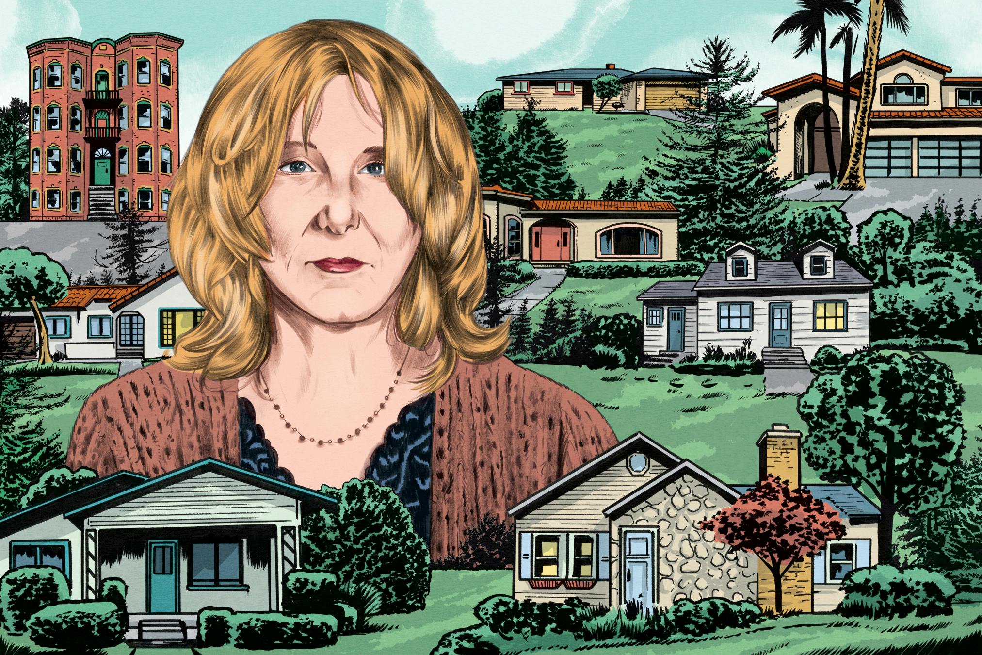 Author Chris Kraus is shown alongside various examples of real estate. Her semi-autobiographical character is a real estate agent, which the author also is in real life.