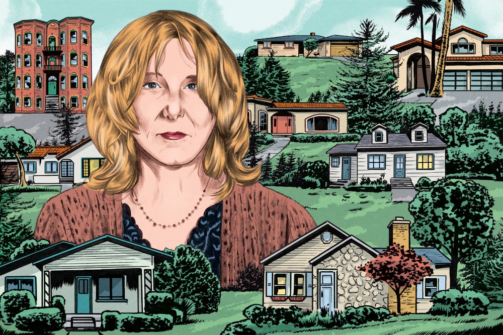 Author Chris Kraus is shown alongside various examples of real estate. Her semi-autobiographical character is a real estate agent, which the author also is in real life.