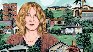 Author Chris Kraus is shown alongside various examples of real estate. Her semi-autobiographical character is a real estate agent, which the author also is in real life.