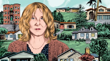 Author Chris Kraus is shown alongside various examples of real estate. Her semi-autobiographical character is a real estate agent, which the author also is in real life.