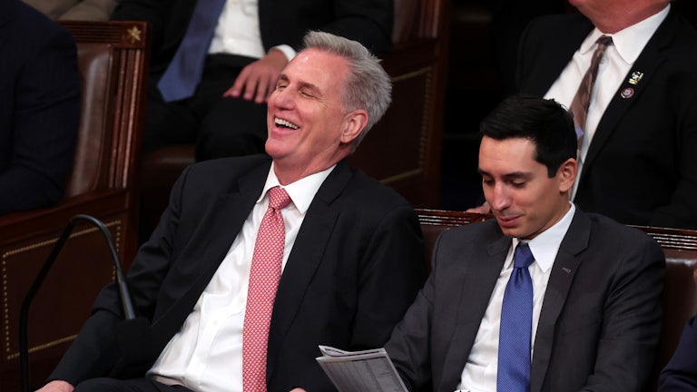 House Speaker Kevin McCarthy laughs