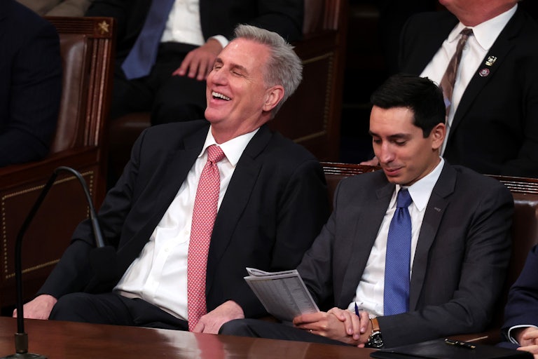 House Speaker Kevin McCarthy laughs