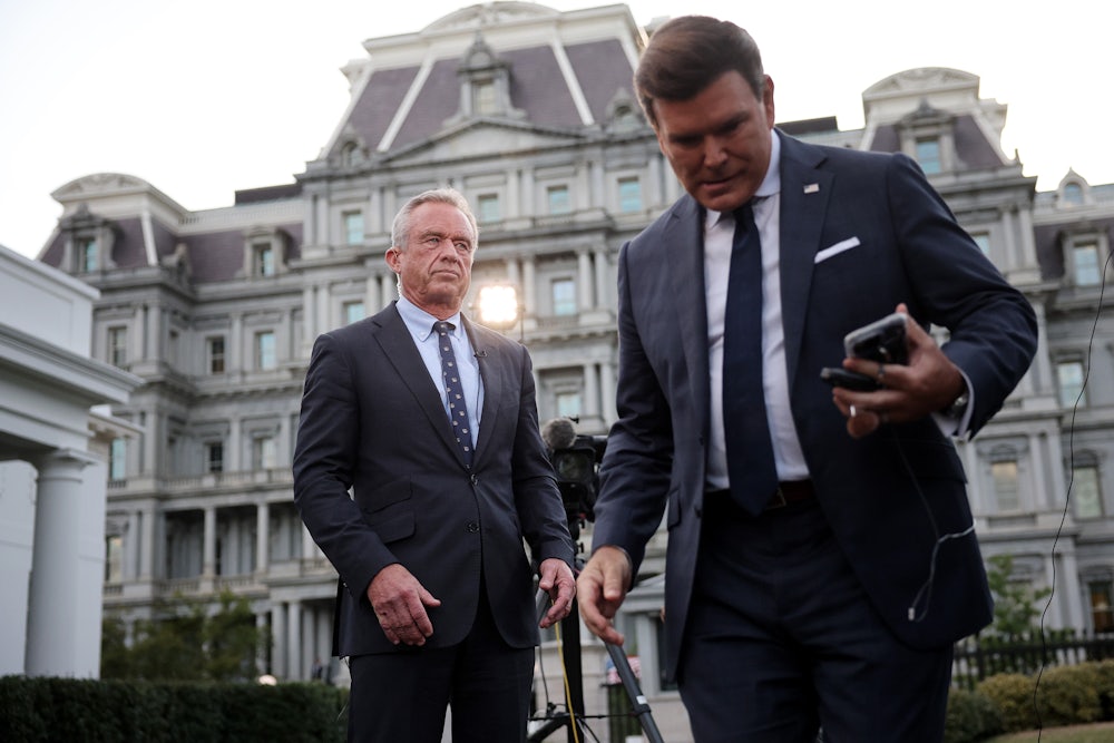 Robert F. Kennedy Jr is interviewed on FOX News in Washington, DC. President Donald Trump signed a memorandum Tuesday stating that the “Secretary of Health and Human Services shall therefore take appropriate action to ensure transparency and accuracy in direct-to-consumer prescription drug advertising,” among other orders.