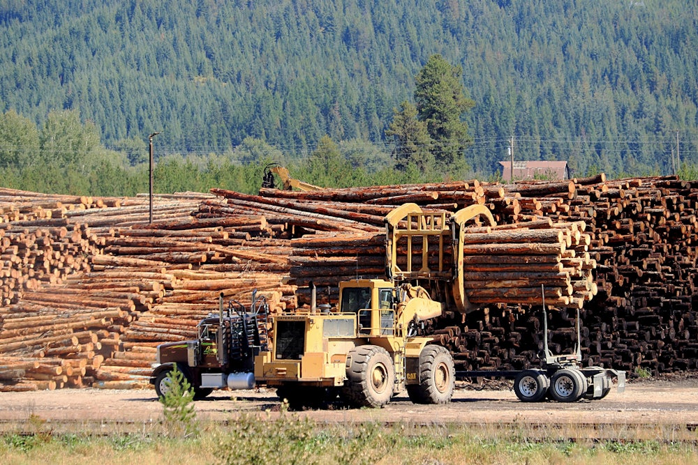 A specialized truck bearing a load of logs drives in front of a massive pile of logs next to a forested mountain.