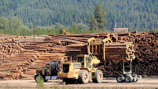 A specialized truck bearing a load of logs drives in front of a massive pile of logs next to a forested mountain.