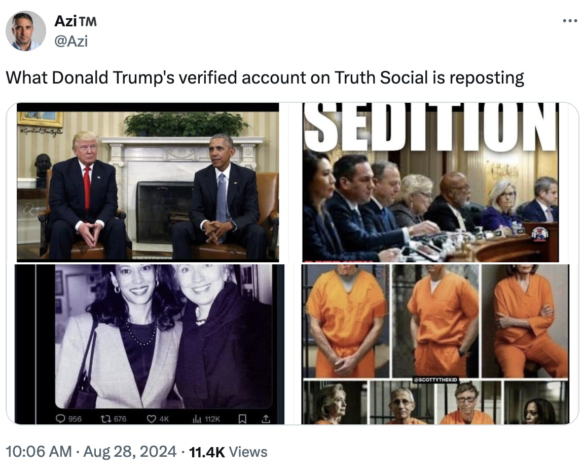 Twitter screenshot Azi™️ @Azi: What Donald Trump's verified account on Truth Social is reposting (with screenshots of Trump's posts on Barack Obama, Fauci, Hillary Clinton, and more)