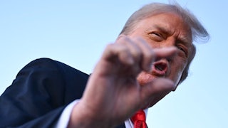 Donald Trump gestures as he speaks to reporters after stepping off Air Force One.
