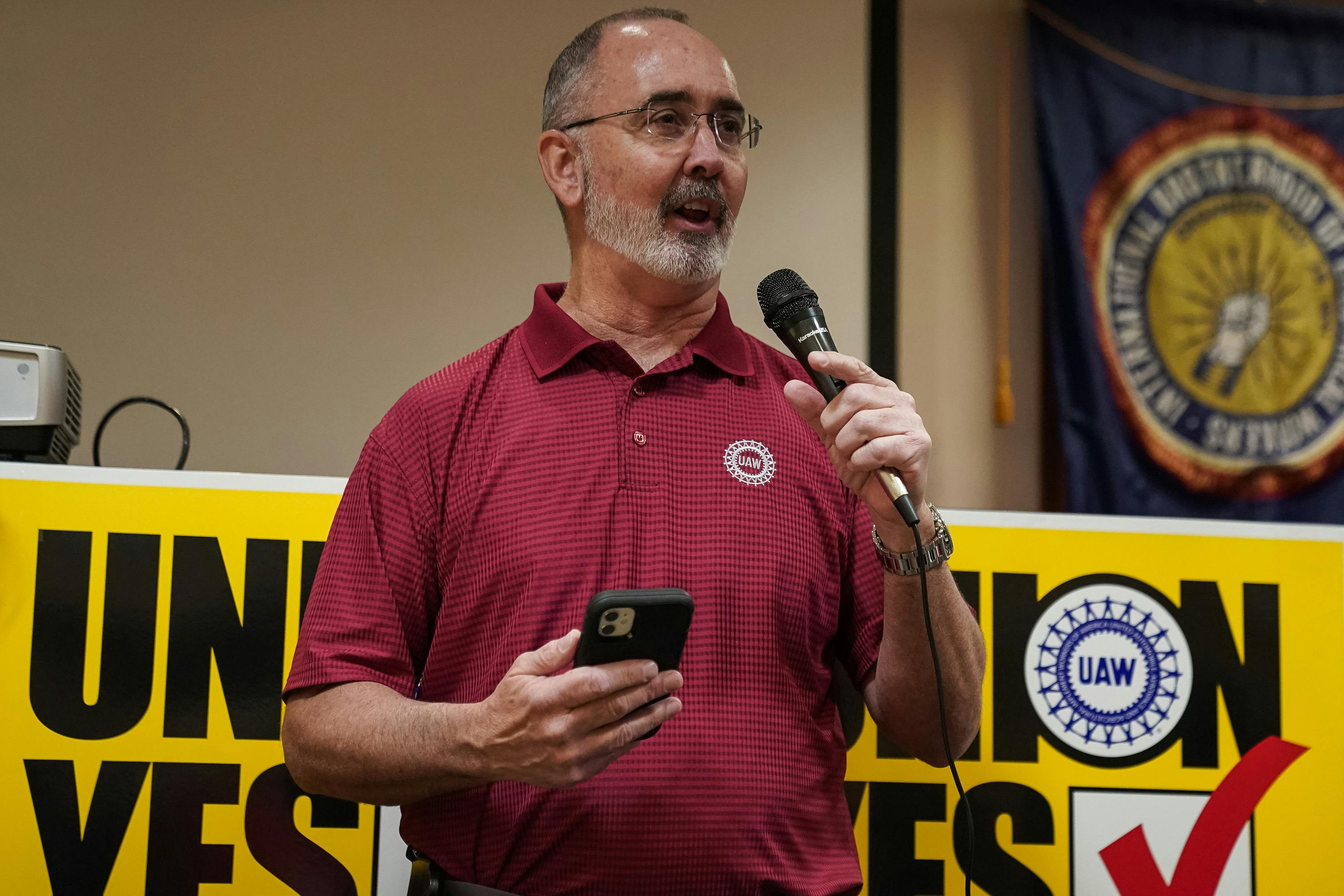 United Auto Workers President Shawn Fain speaks at a UAW vote watch party on in Chattanooga, Tennessee. With over 51 percent of workers voting yes, the UAW won the right to form a union at the plant. 