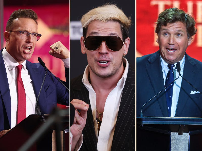 Splitscreen of Benny Johnson, Milo Yiannapoulos, and Tucker Carlson