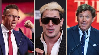 Splitscreen of Benny Johnson, Milo Yiannapoulos, and Tucker Carlson