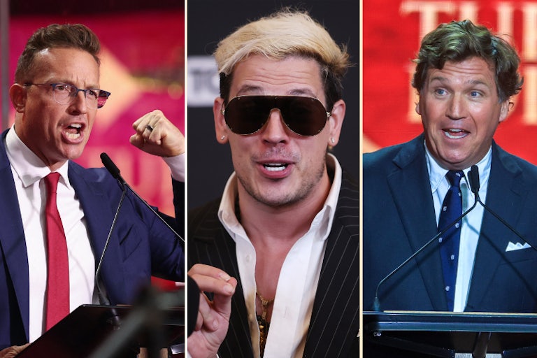 Splitscreen of Benny Johnson, Milo Yiannapoulos, and Tucker Carlson