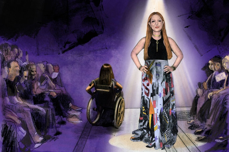 Illustration of Mindy Scheier standing under a spotlight, surrounded by a crowd with her hands on her hips. She wears gold jewelry and a graphic multi-colored skirt. Behind her, a wheelchair user with long brown hair and a charcoal colored t-shirt is wheeling away from the audience into the darkness.