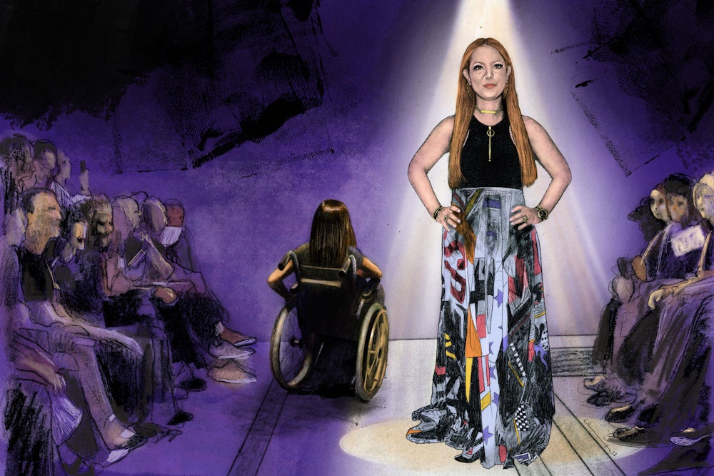 Illustration of Mindy Scheier standing under a spotlight, surrounded by a crowd with her hands on her hips. She wears gold jewelry and a graphic multi-colored skirt. Behind her, a wheelchair user with long brown hair and a charcoal colored t-shirt is wheeling away from the audience into the darkness.