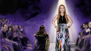 Illustration of Mindy Scheier standing under a spotlight, surrounded by a crowd with her hands on her hips. She wears gold jewelry and a graphic multi-colored skirt. Behind her, a wheelchair user with long brown hair and a charcoal colored t-shirt is wheeling away from the audience into the darkness.