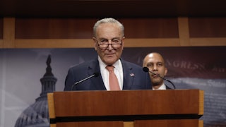 Charles Schumer Hakeem Jeffries speak at a press conference.