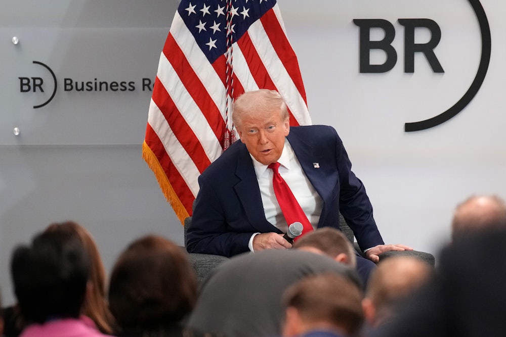 Donald Trump delivers remarks at the Business Roundtable's quarterly meeting at the Business Roundtable headquarters on March 11, 2025 in Washington, DC. Trump addressed the group of CEO’s as his recent tariff implementations have sparked uncertainty that have helped fuel a market sell-off.