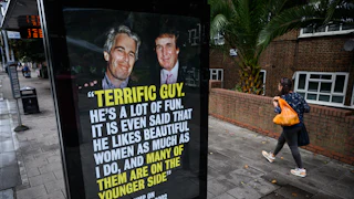 photo of Donald Trump and Jeffrey Epstein at a bus stop