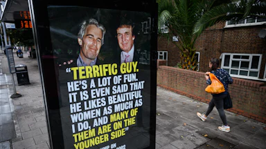 photo of Donald Trump and Jeffrey Epstein at a bus stop