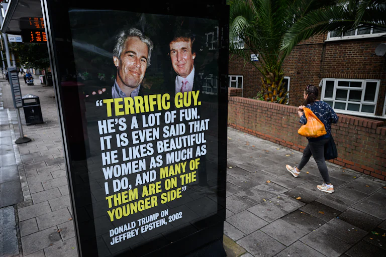 photo of Donald Trump and Jeffrey Epstein at a bus stop