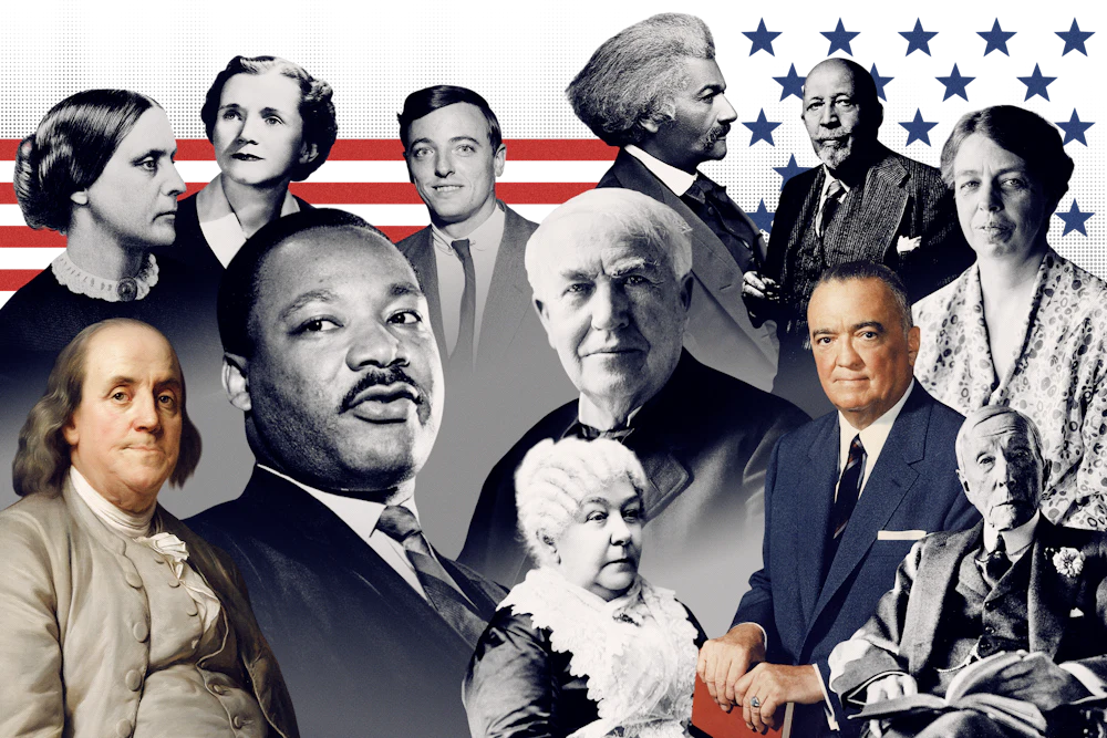 Photo collage of people considered in this article to be the most important Americans who did not ever hold elected office, including Anthony, Buckley, Du Bois, Roosevelt, Douglass. Franklin, Carson, King, Stanton, Edison, Hoover, and Rockefeller