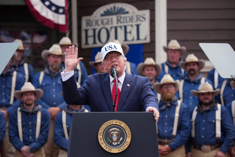 Donald Trump waves and looks up while speaking at a podium at an event at the Teddy Roosevelt Library