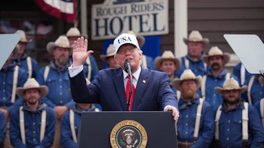 Donald Trump waves and looks up while speaking at a podium at an event at the Teddy Roosevelt Library