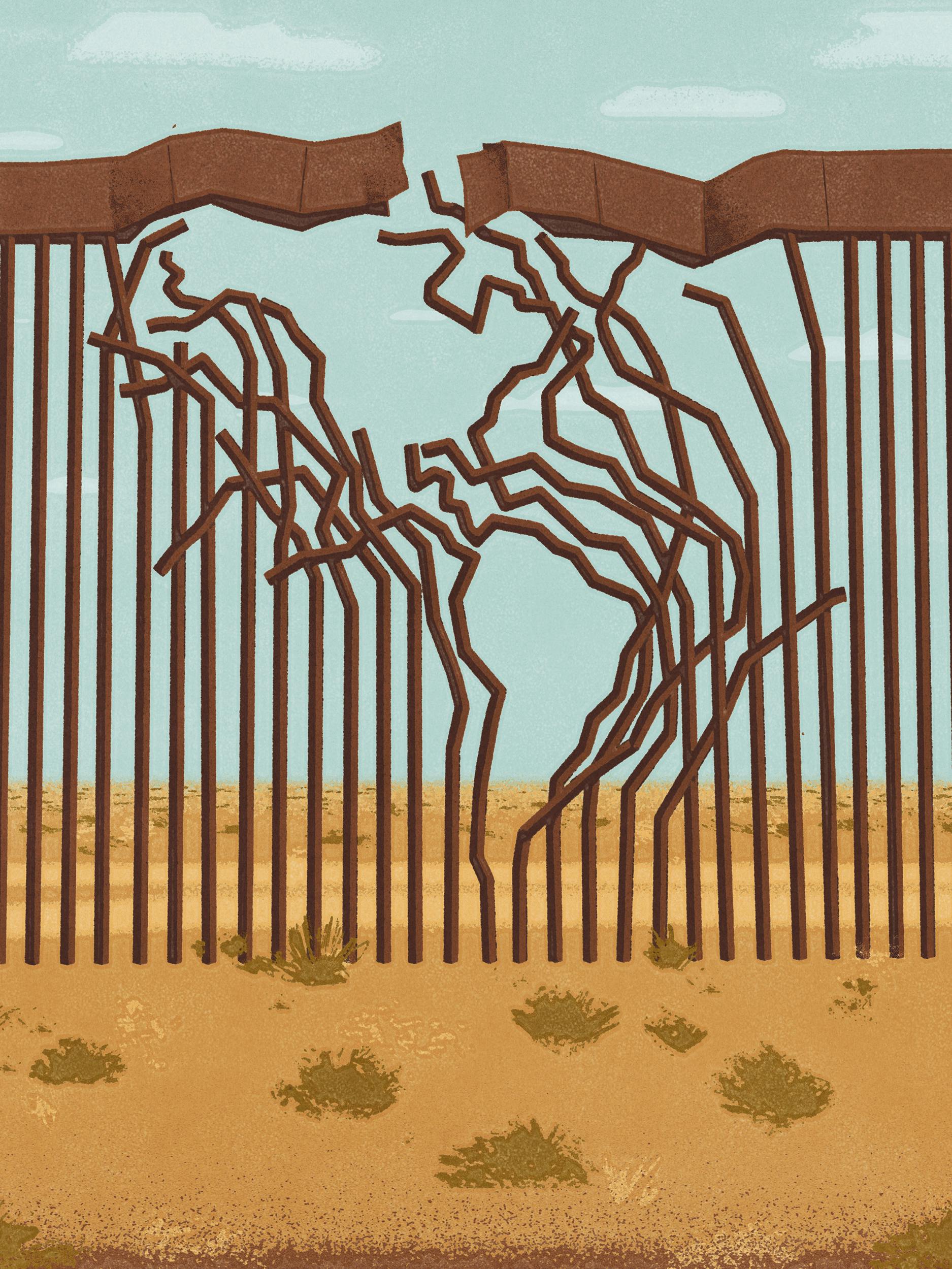 An illustration of a hole in the border wall, and the hole forms the shape of North and South America, symbolizing the fraught relationship between the countries in the Americas
