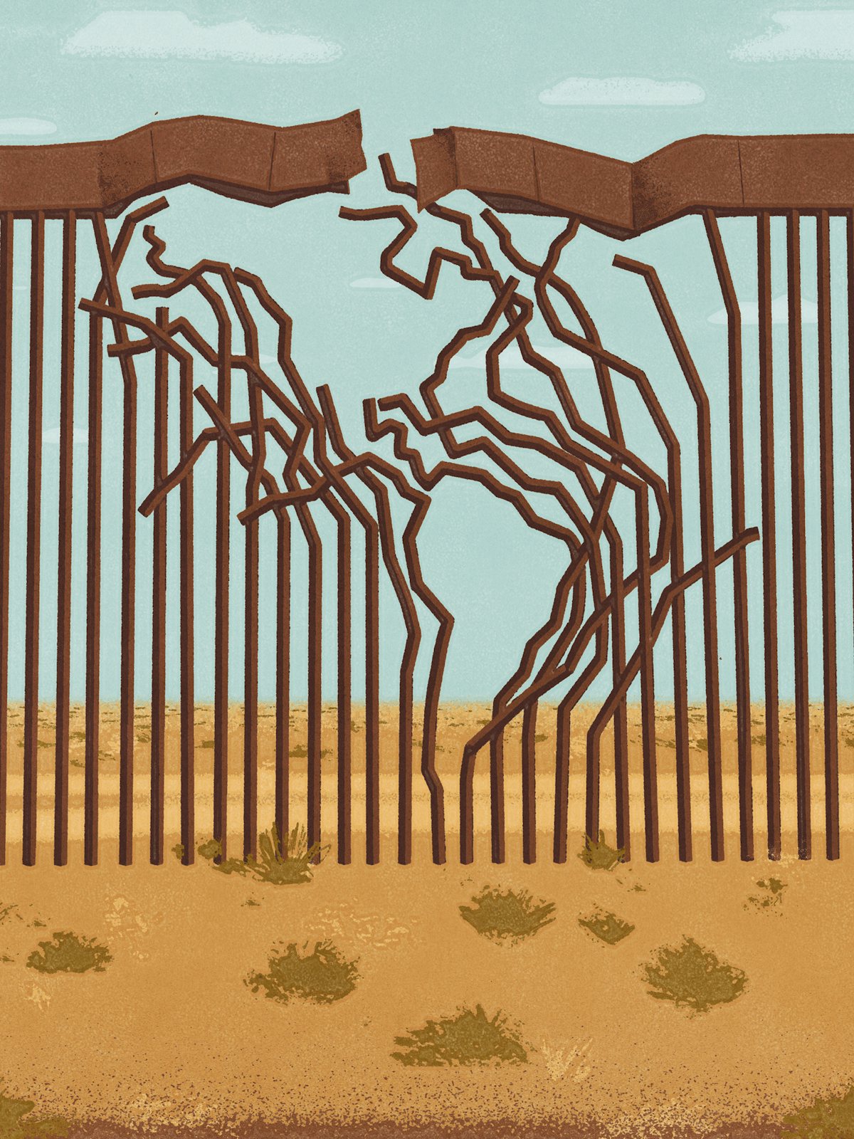 An illustration of a hole in the border wall, and the hole forms the shape of North and South America, symbolizing the fraught relationship between the countries in the Americas