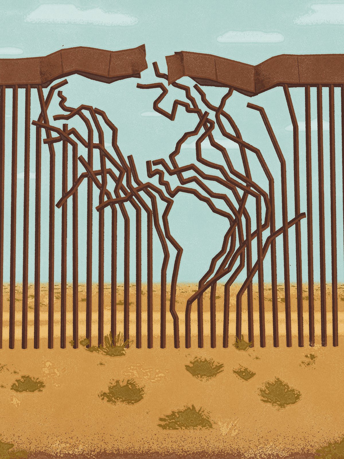 An illustration of a hole in the border wall, and the hole forms the shape of North and South America, symbolizing the fraught relationship between the countries in the Americas