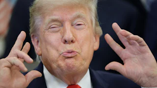 Donald Trump holds his hands next to his face and makes a weird face while sitting at his desk in the Oval Office
