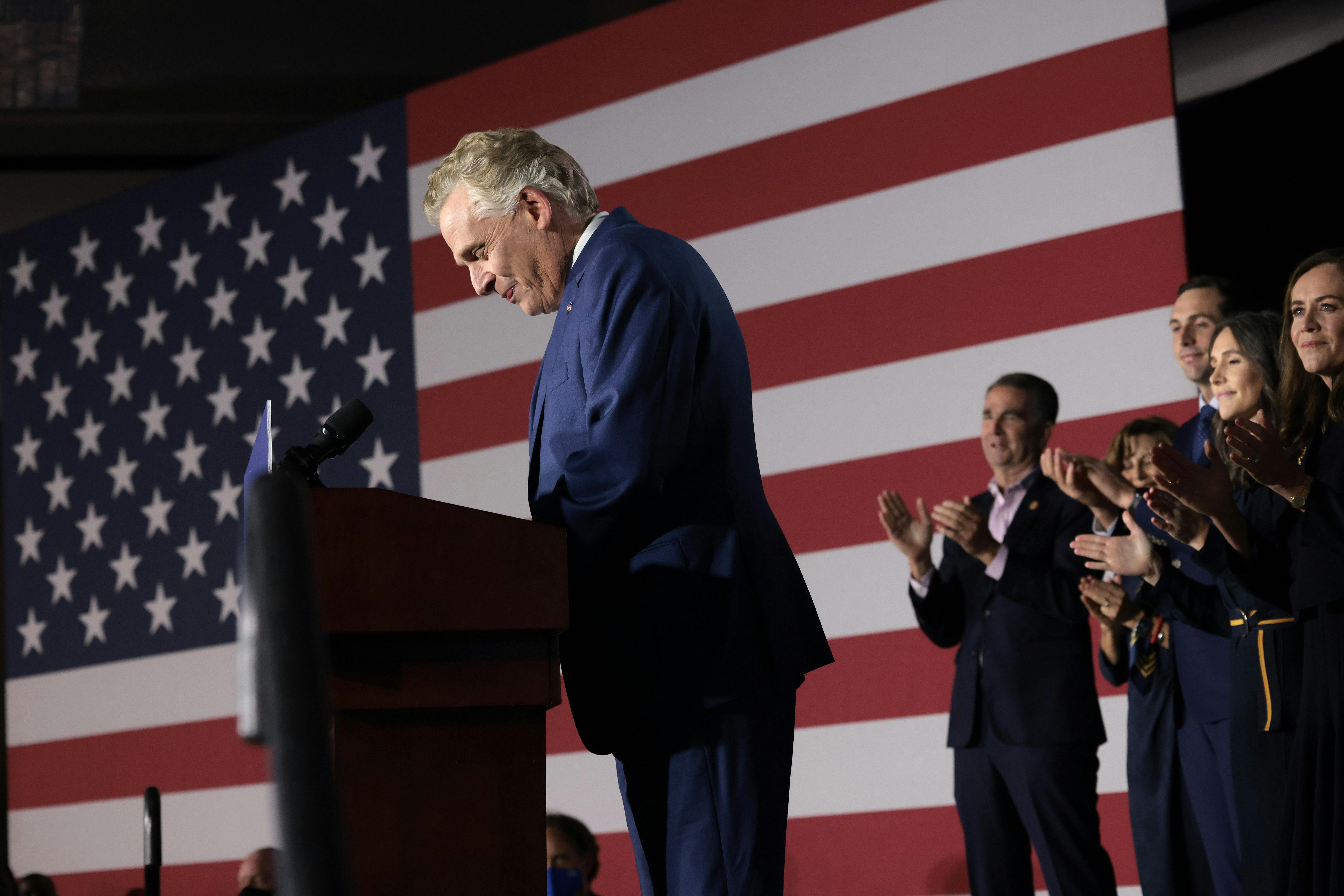 Democratic gubernatorial candidate former Virginia Governor Terry McAuliffe speaks at an election night rally on November 02, in McLean, Virginia.