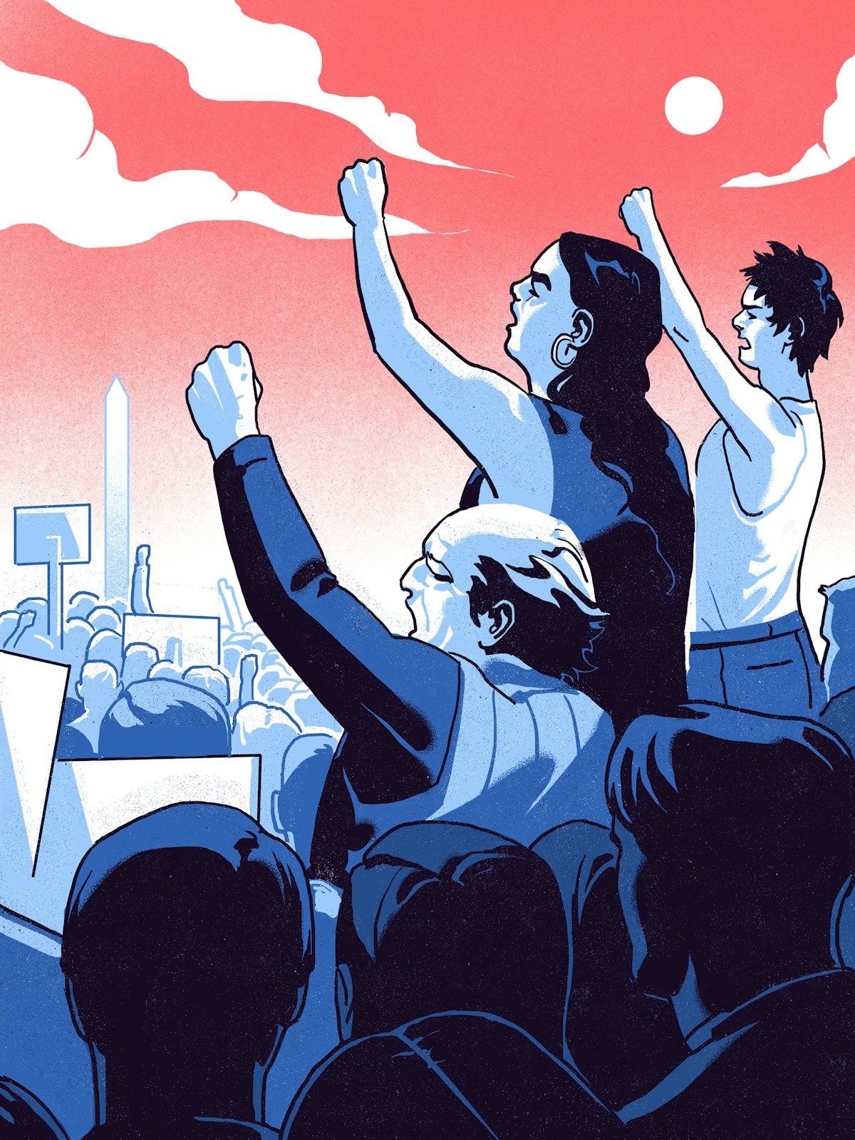 An illustration of a group of protesters with the Washington Monument in the background