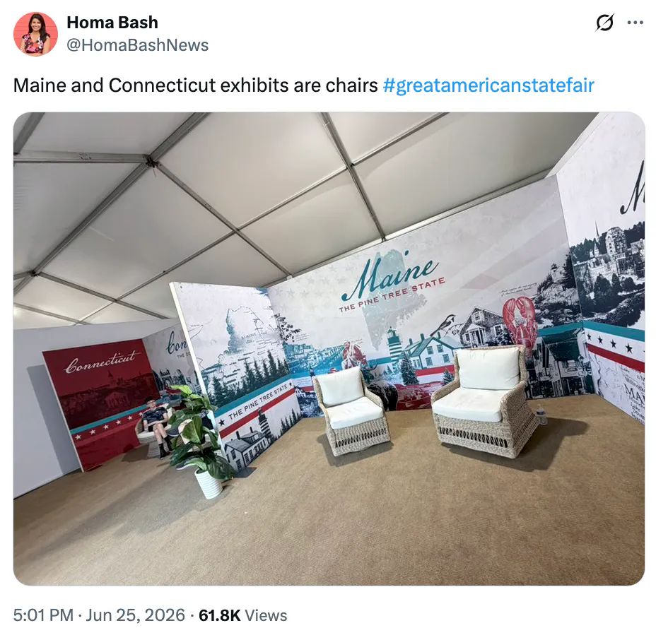 X screenshot Homa Bash @HomaBashNews Maine and Connecticut exhibits are chairs #greatamericanstatefair