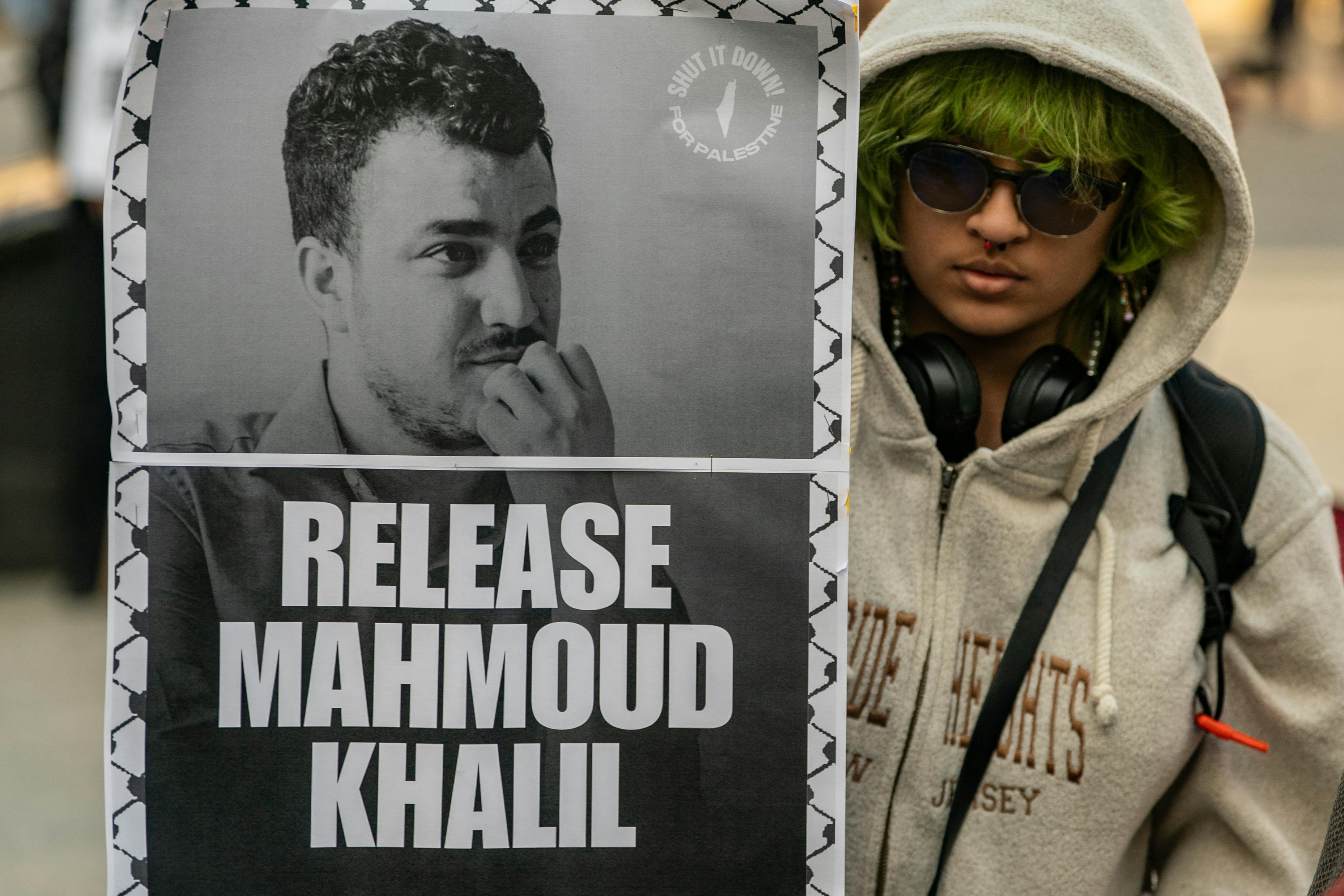 Protestors at Foley Square in New York City demand the release of Mahmoud Khalil